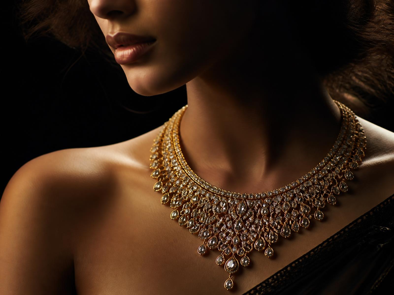 Model wearing a gold and diamond Harikunj bridal necklace